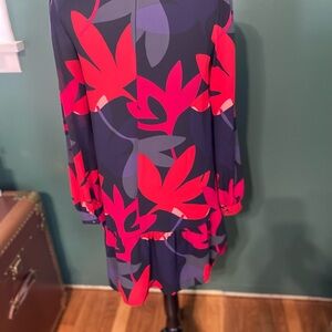LOFT Blue and Red A-line Midi Dress with Bishop Sleeves
